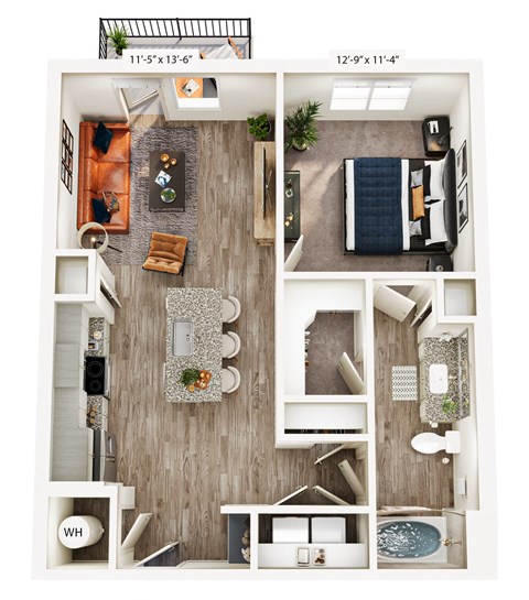 A floor plan of a small apartment with a living room, kitchen, and bathroom.